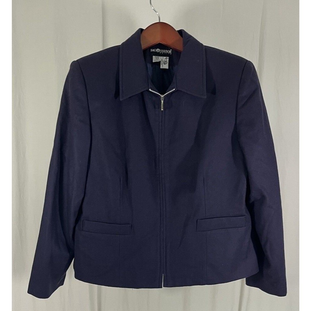SAG HARBOR Women’s Wool Jacket Zip Navy Blue Size 16 Petite
